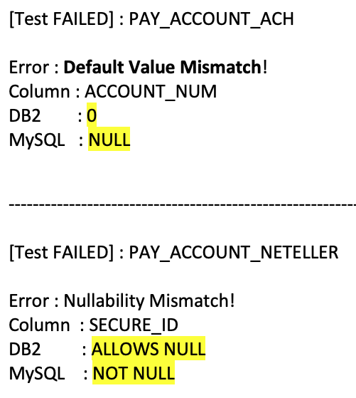 Column metadata comparison — detecting default value and nullability mismatches